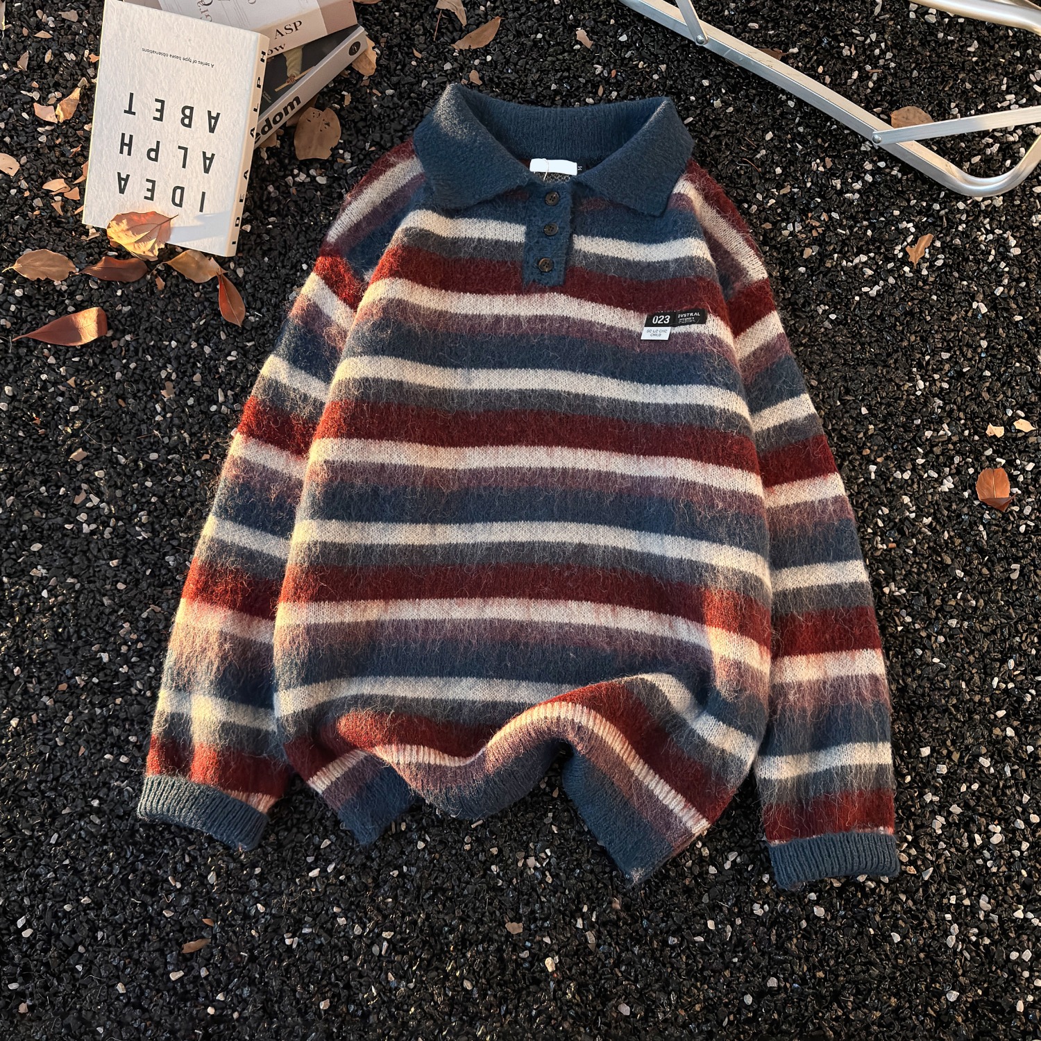 美式复古撞色条纹polo领毛衣