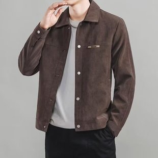 上衣服麂皮绒薄款 休闲韩版 外套 潮流翻领高端男士 皮衣夹克男春秋季