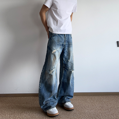 水洗宽松膝盖破洞长裤情侣裤