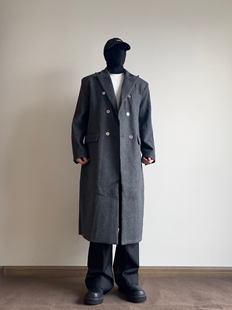 韩系氛围感穿搭垫肩毛呢大衣男中长款双排扣高级感高个子风衣外套