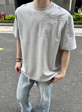 COCKUNONE美式夏季肌理硬挺灰色短袖男款cleanfit短宽刺绣T恤