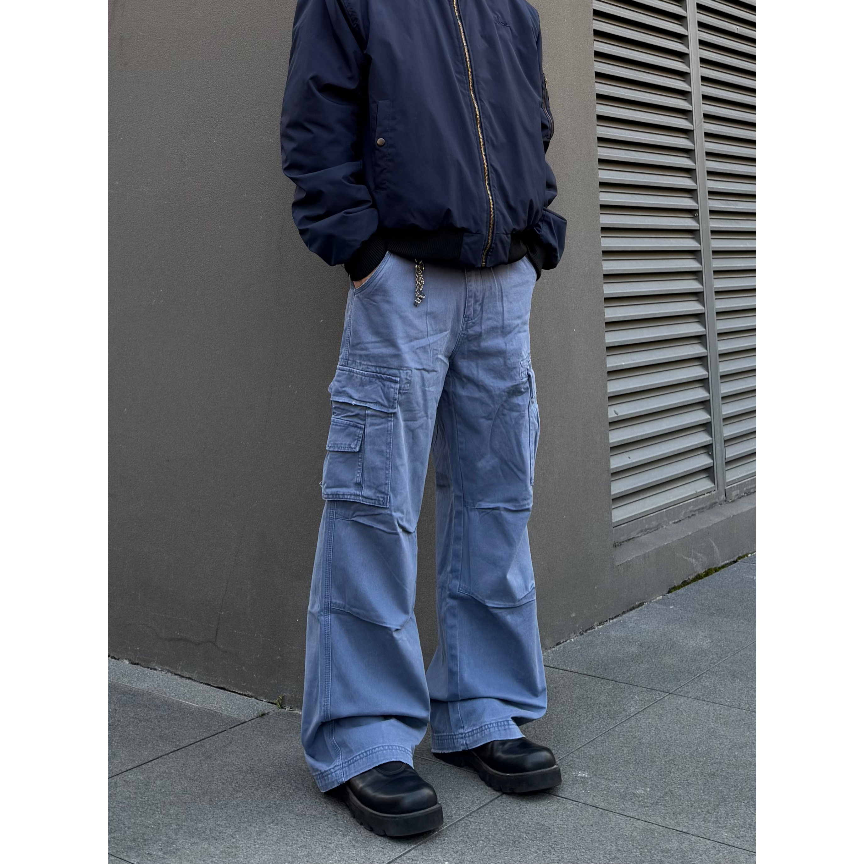 美式法工蓝多口袋阔腿裤