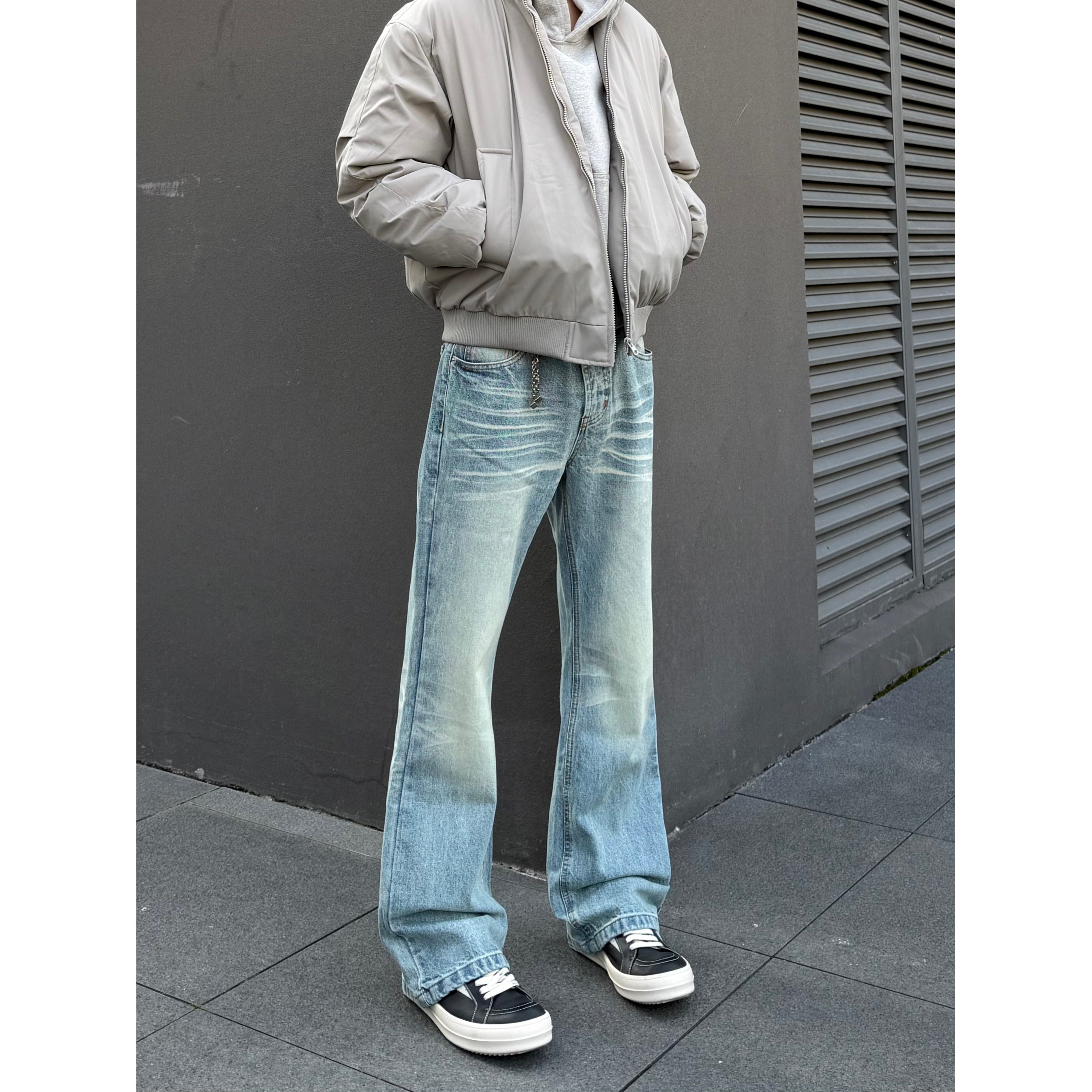 COCKTAIL复古水洗猫须纹直筒裤男女cleanfit百搭垂感冰蓝牛仔裤潮