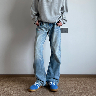 潮直筒微喇裤 高街cleanfit猫须纹做旧牛仔裤 子 BAR美式 COCKTAIL