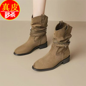 时尚 品牌官方真皮法式 显瘦短靴女25秋冬新款 百搭瘦瘦靴加绒堆堆靴