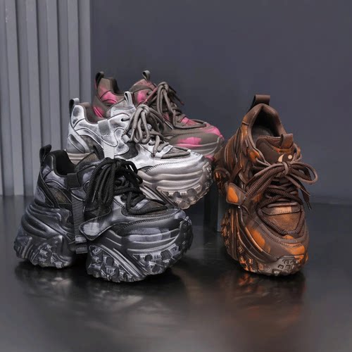 品牌撤柜真皮厚底轻便增高老爹鞋