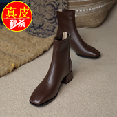 品牌真皮方头粗跟短靴女25秋冬英伦风切尔西靴显瘦马丁靴大码 靴子