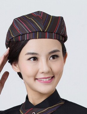 厨师帽子男布料鸭舌女服务员帽子条纹贝雷帽酒店火锅厨房餐厅工作