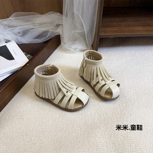 女童凉鞋高帮流苏公主鞋夏0-1-3岁5女宝宝罗马鞋包头婴儿学步鞋软