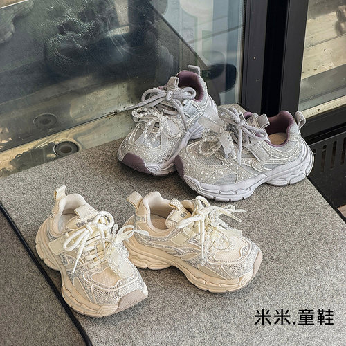 公主风女童运动鞋带钻串珠蝴蝶结儿童老爹鞋白色中小学生休闲鞋秋