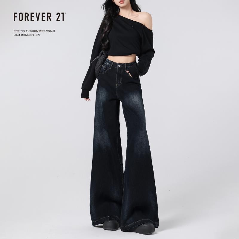 Forever 21美式复古蓝灰阔腿牛仔裤女春夏新款宽松高腰垂感直筒裤