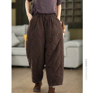保暖长裤 复古炒色砂洗100%亚麻夹棉棉裤 女系带松紧腰显瘦加厚麻裤