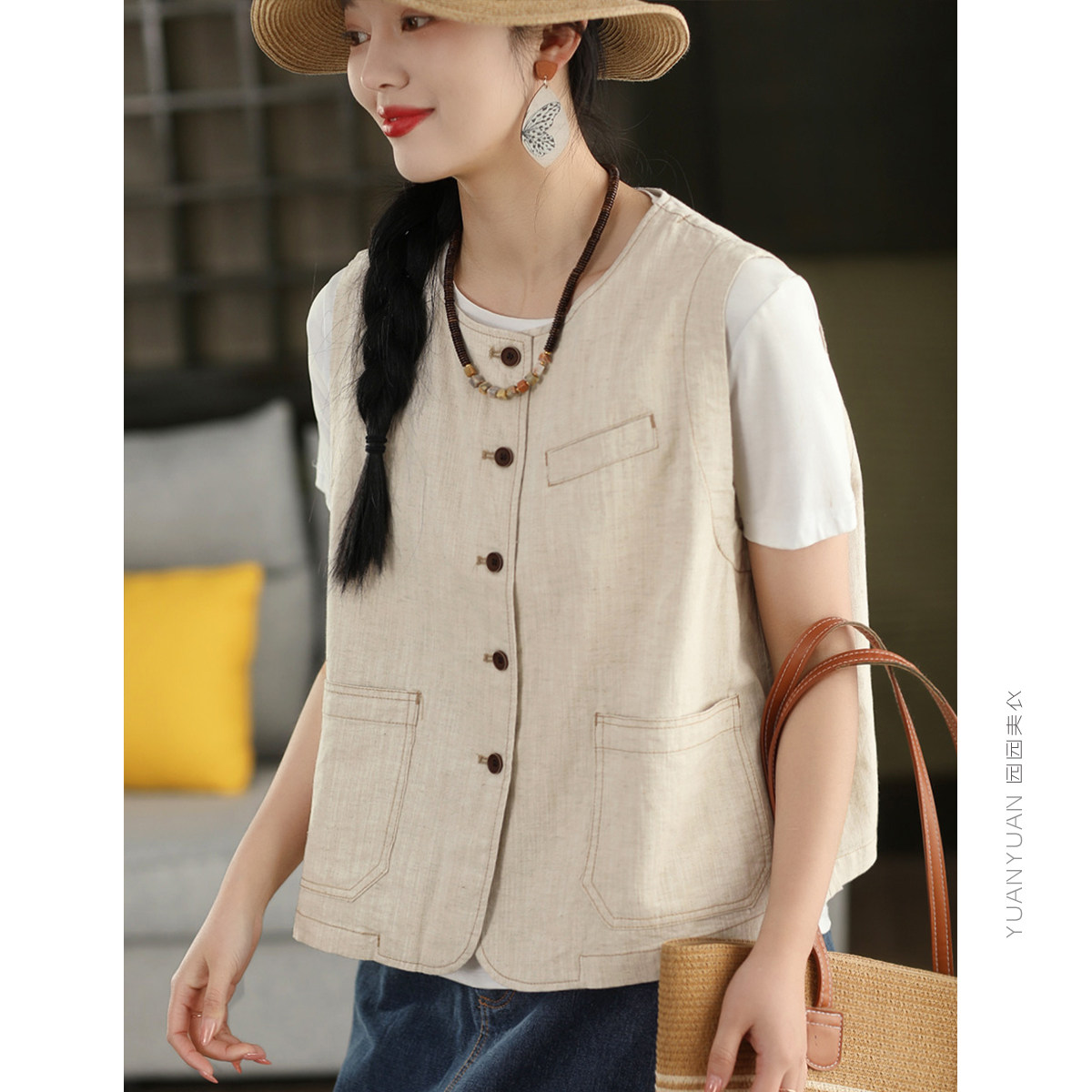 园园美衣复古亚麻棉马甲上衣女夏季文艺明线无袖马夹外套上衣背心