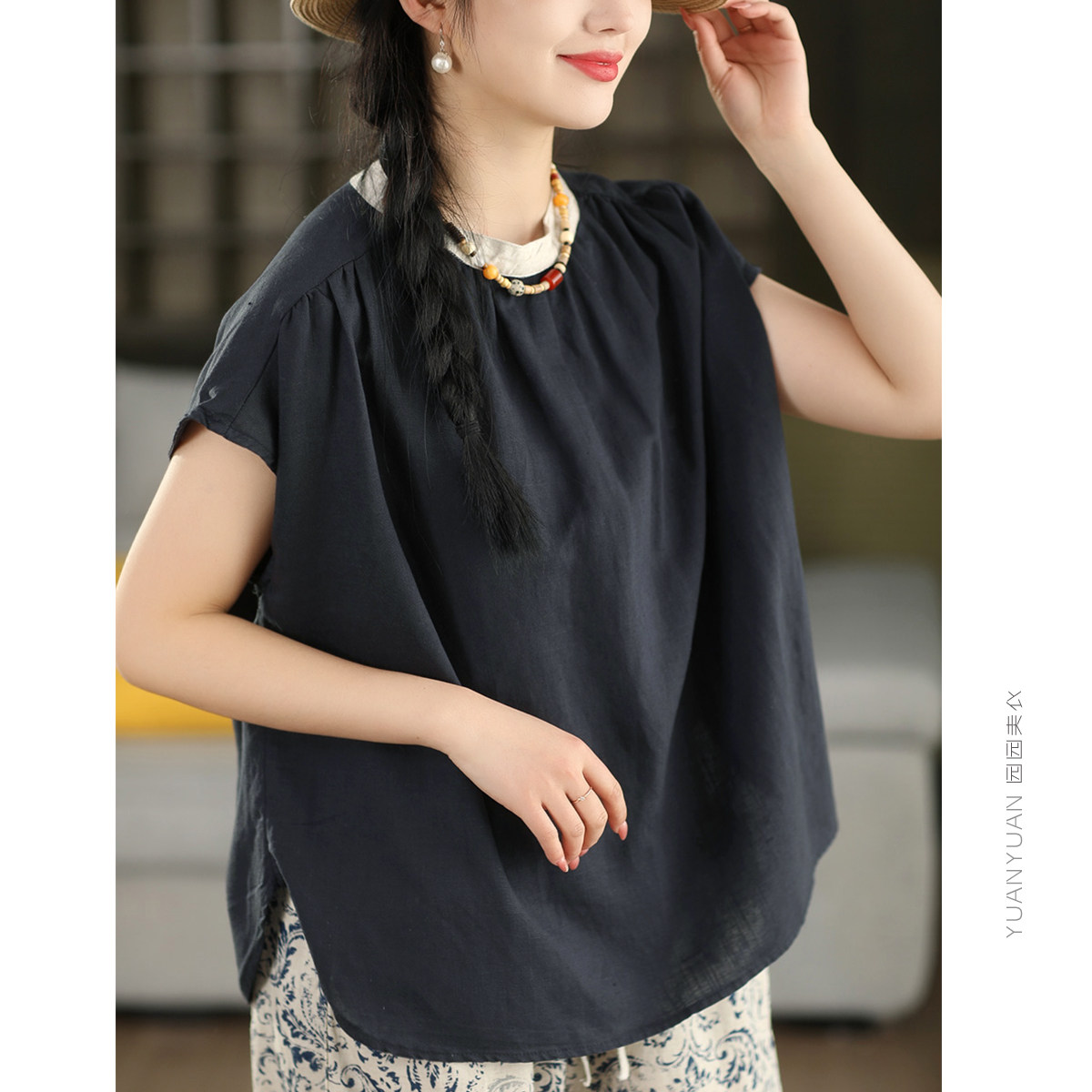 园园美衣复古100%汉麻衬衫女拼色领衬衫后背纽扣短袖气质上衣夏季