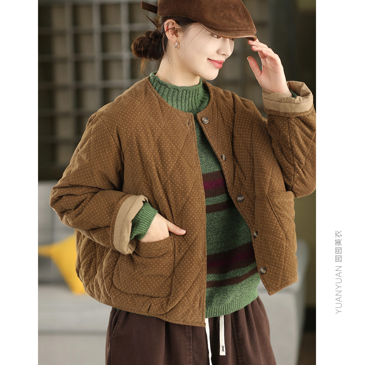 波点夹棉条绒加厚棉袄外套