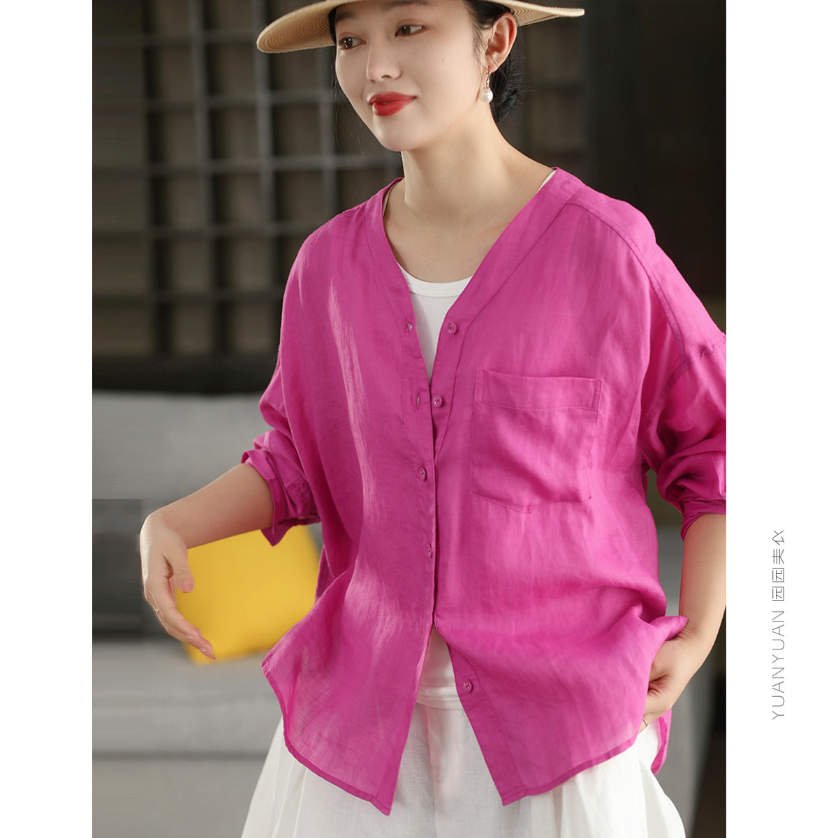 园园美衣复古120支100%苎麻衬衫女夏季V领单排扣长袖防晒衬衣外套