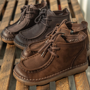 园园美衣复古手工真皮短靴冬季 女系带百搭短靴 加绒头层牛皮平底鞋