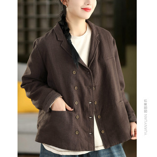 2026年早春款内里薄棉100%麻西装衫外套女文艺双排扣衬衫外套开衫