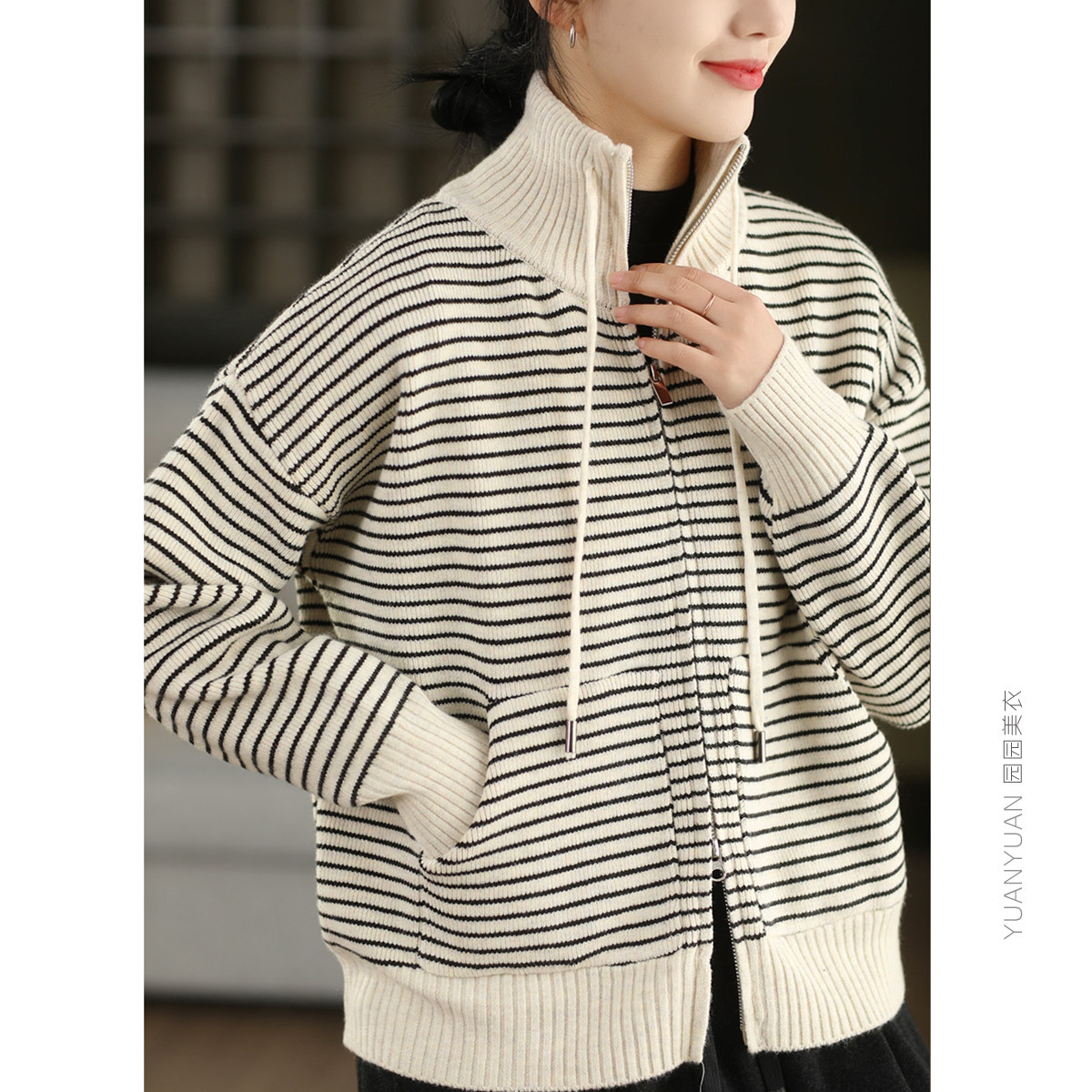 园园美衣冬季复古条纹加厚毛衣外套女时尚双头拉链保暖针织开衫,女装/女士精品,毛针织衫,淘宝优惠券,粉丝福利购,淘宝优惠卷