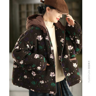 3.24提花羊羔毛加厚连帽外套女内里夹棉保暖棉袄冬季 棉服棉衣