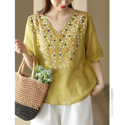 宽松复古套头苎麻刺绣衬衫