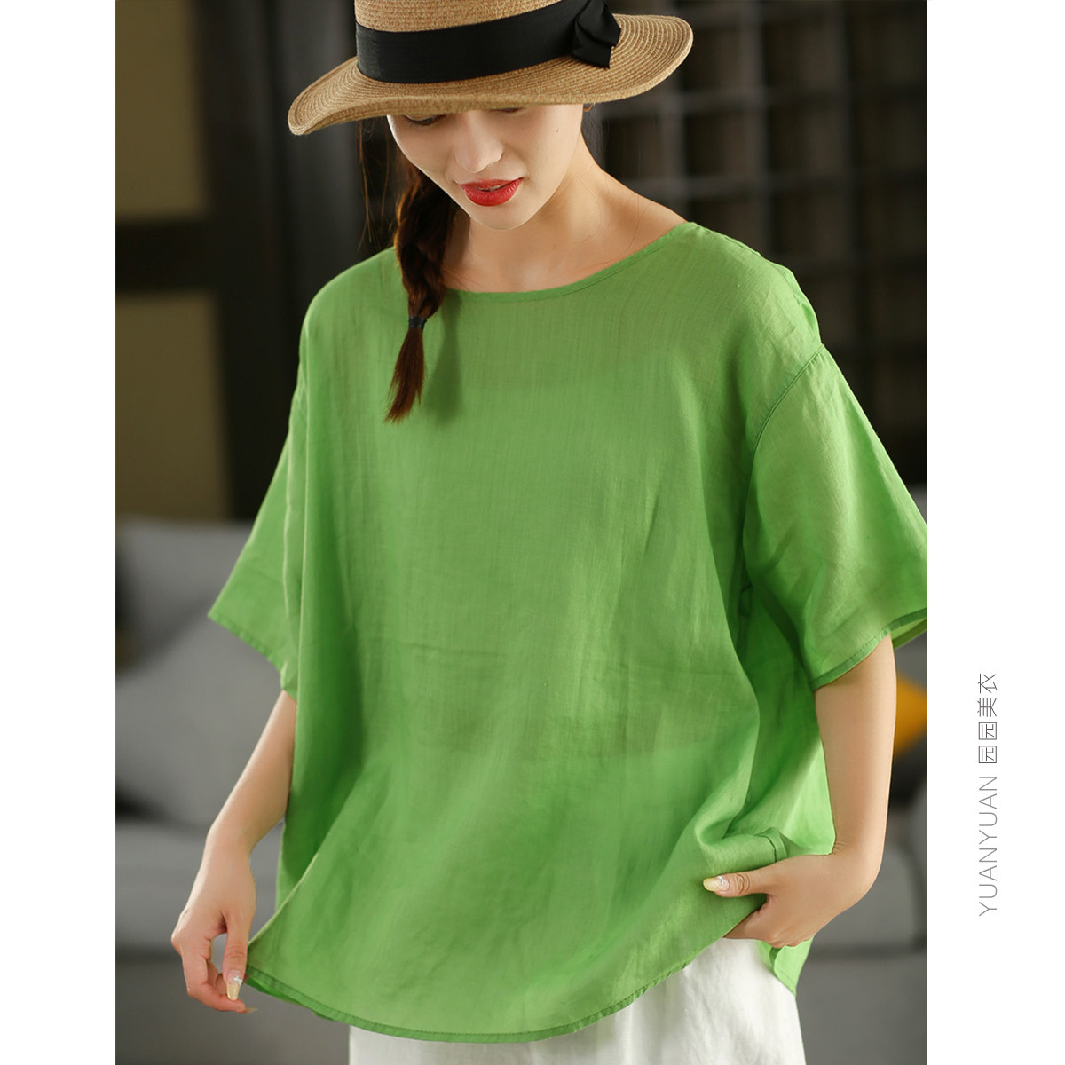 高货系列复古100%苎麻衬衫女气质圆领中袖上衣宽松薄款套头衫夏季