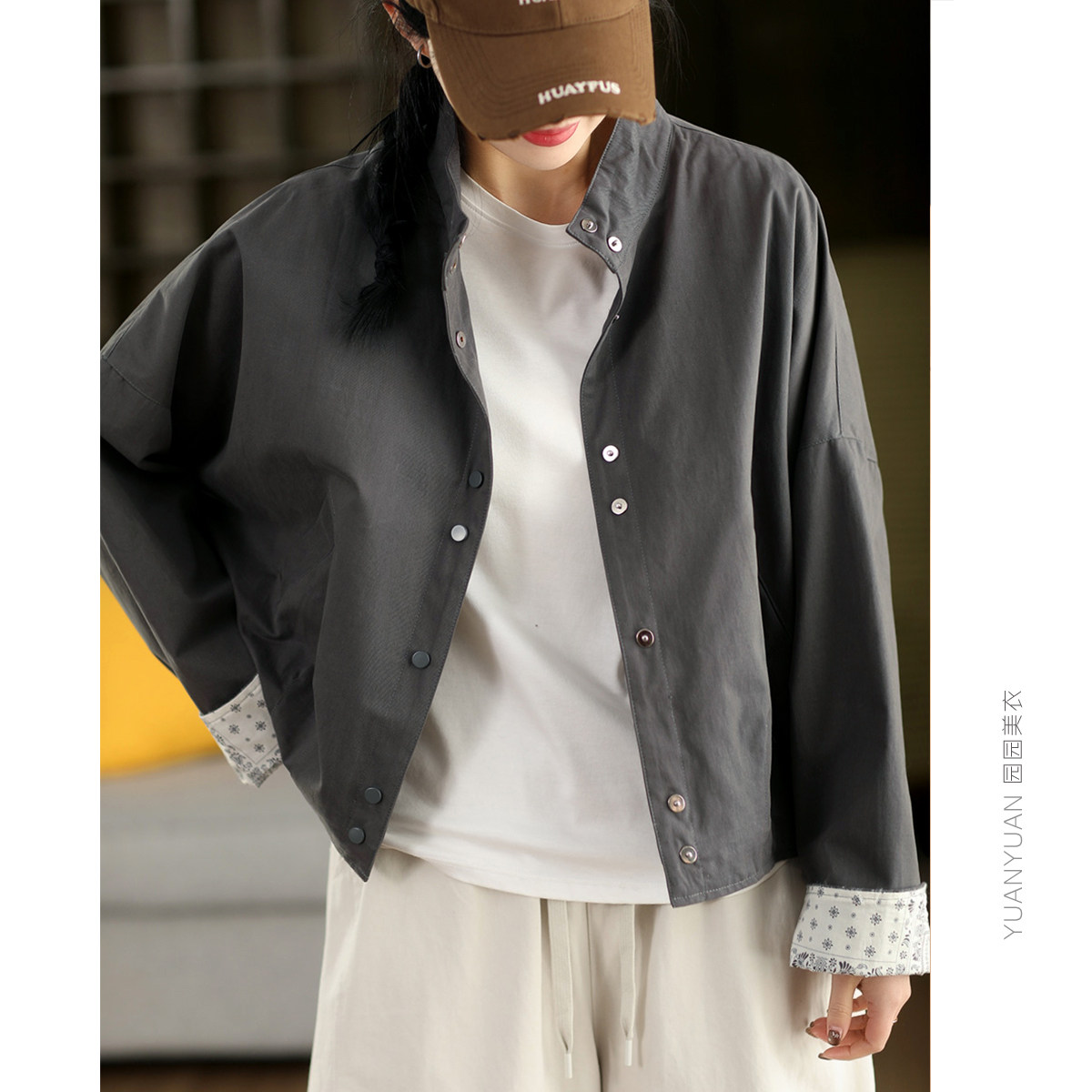 园园美衣复古高密100%棉夹克短外套女内里印花双层开衫外搭上衣春