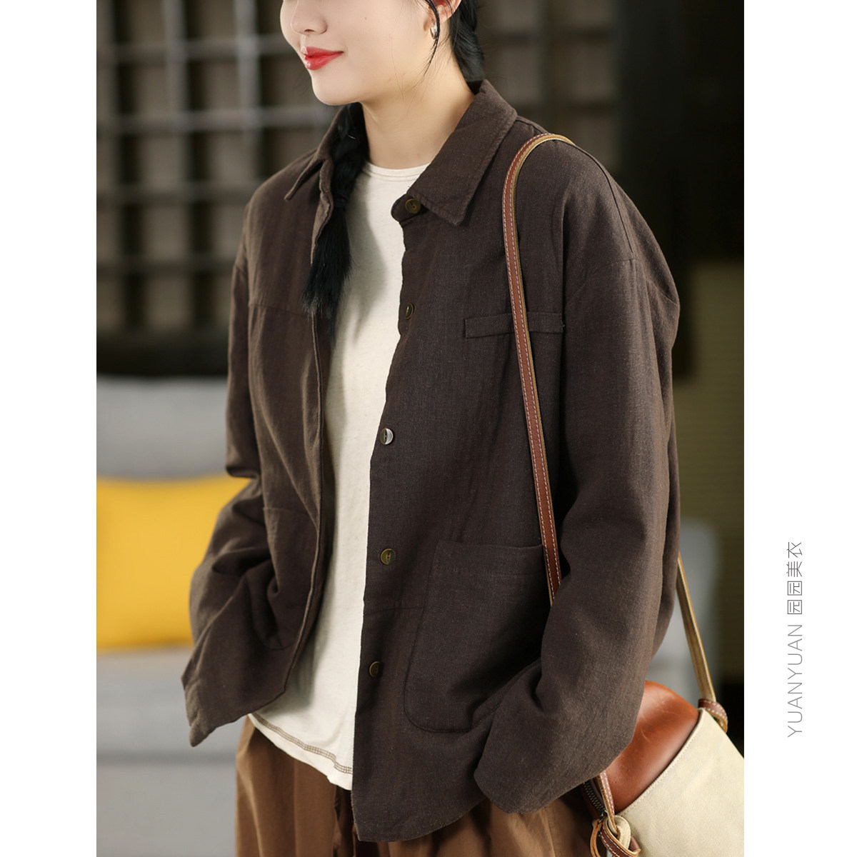 2026年早春款薄棉衬衫外套女炒色砂洗100%麻夹棉长袖开衫外搭上衣,女装/女士精品,短外套,淘宝优惠券,粉丝福利购,淘宝优惠卷