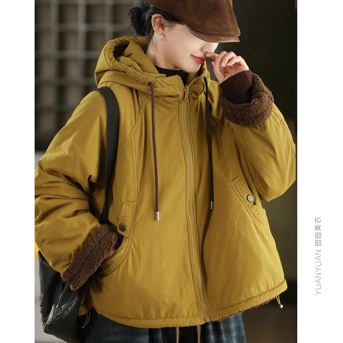 正面两面穿加绒棉袄冬季复古100%棉加厚棉衣保暖连帽羊羔绒棉服