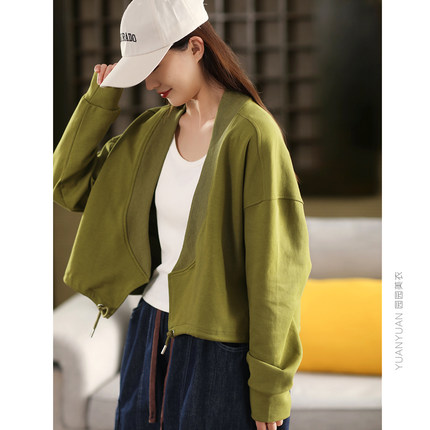 园园美衣复古针织棉短款外套女时尚抽绳摆开衫休闲长袖外搭上衣