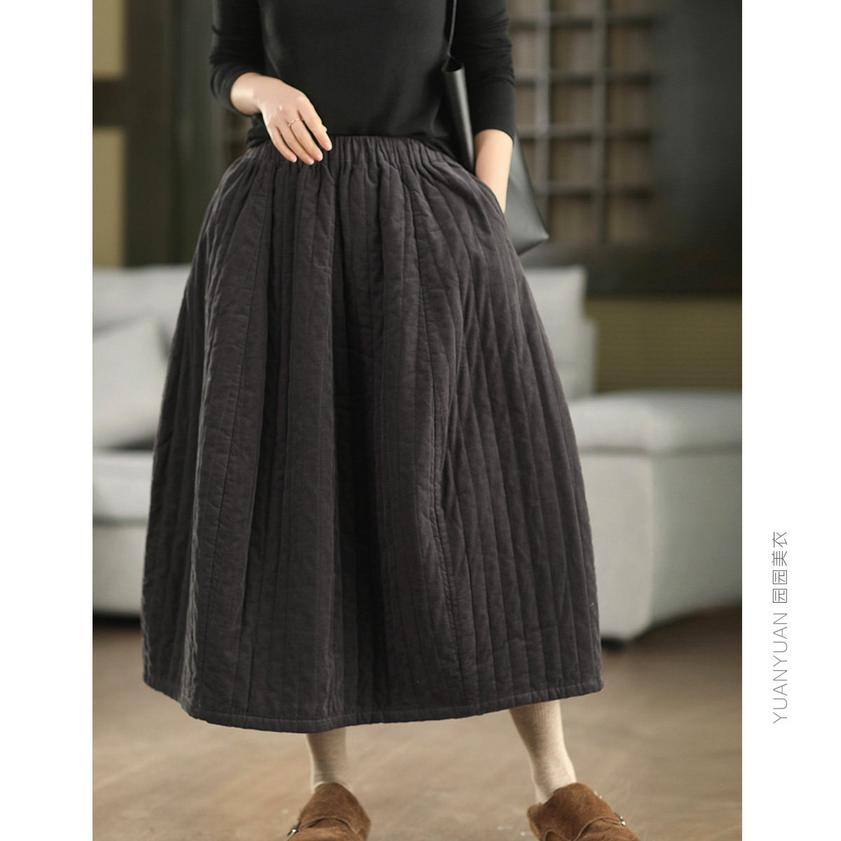 园园美衣冬季复古全棉细条绒夹棉半身裙女显瘦灯芯绒加厚花苞裙