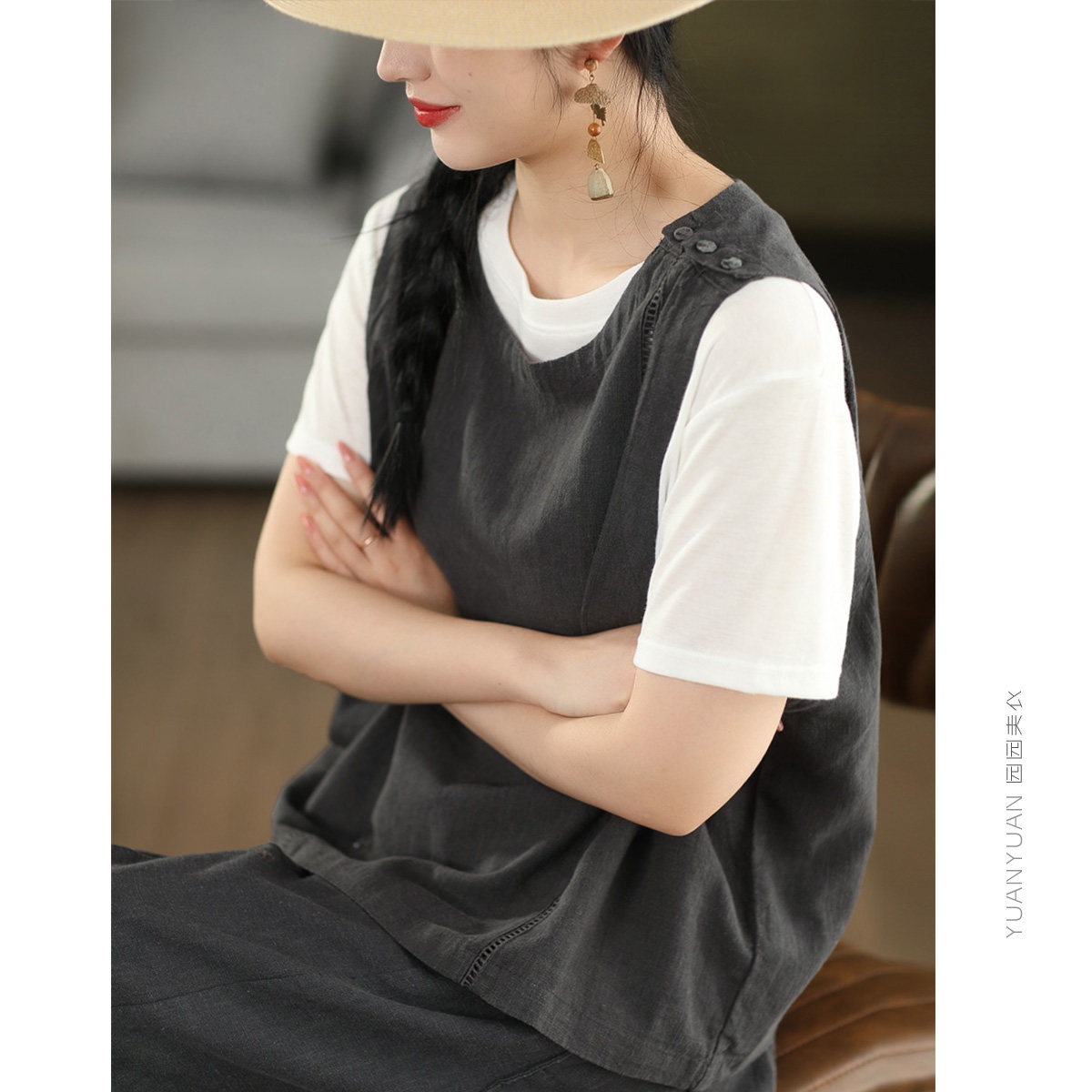 园园美衣复古高支苎麻背心无袖马甲女重工镂空马夹上衣套头衫夏