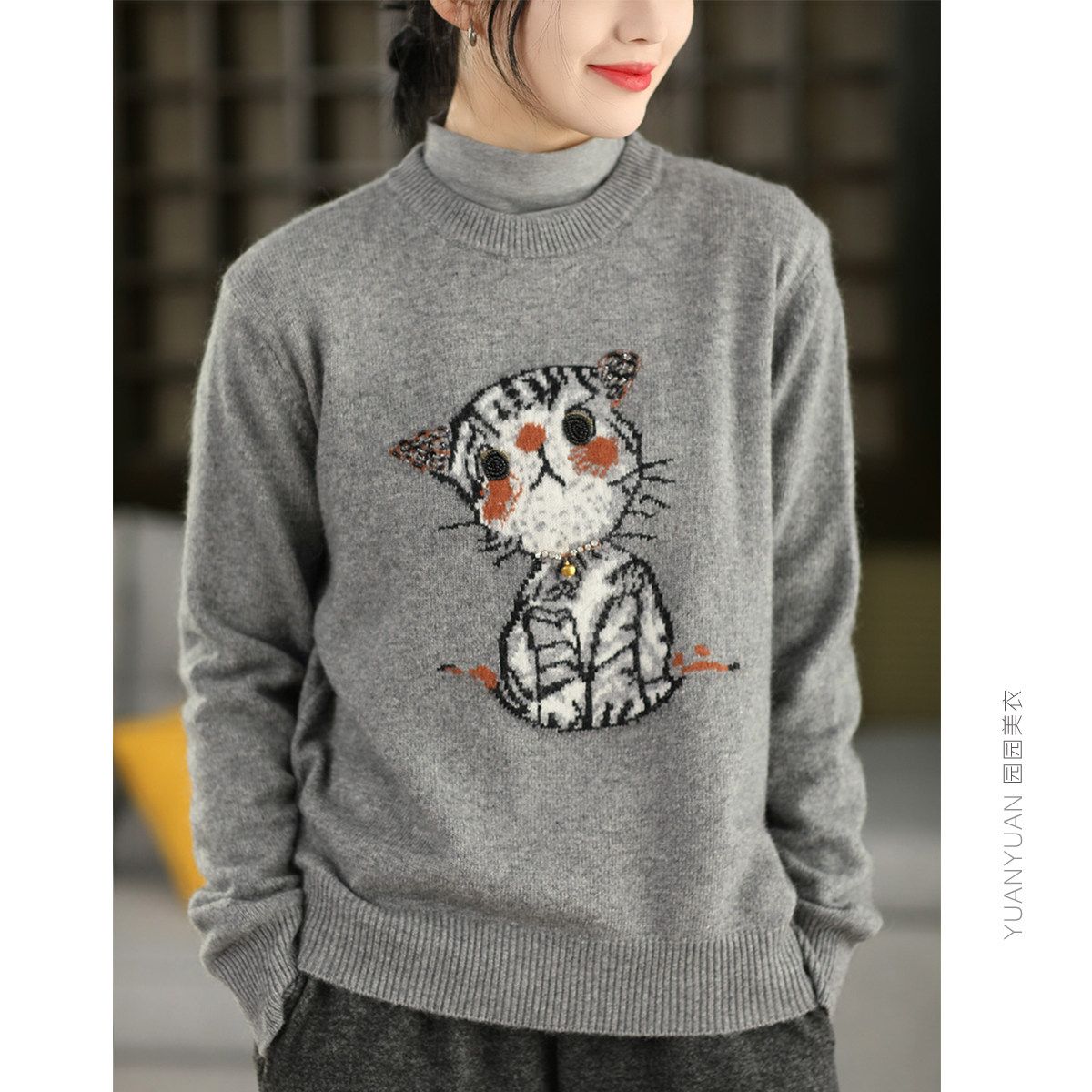 早春铃铛猫咪羊毛毛衣女重工提花保暖套头衫文艺气质长袖针织上衣