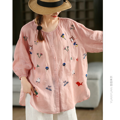 刺绣苎麻衬衫单排扣衬衣开衫