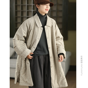 园园美衣重工暗纹提花中长款夹棉外套女全棉内里加厚保暖风衣棉服