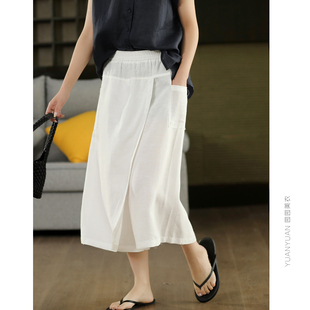 文艺夏 休闲阔腿裤 园园美衣复古100%亚麻叠襟裙裤 女气质显瘦直筒裤