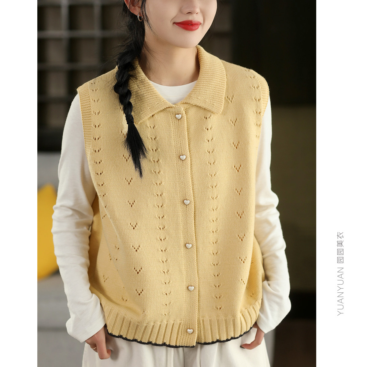 园园美衣复古镂空钩花针织背心女时尚翻领无袖单排扣马甲外搭上衣,女装/女士精品,毛针织衫,淘宝优惠券,粉丝福利购,淘宝优惠卷