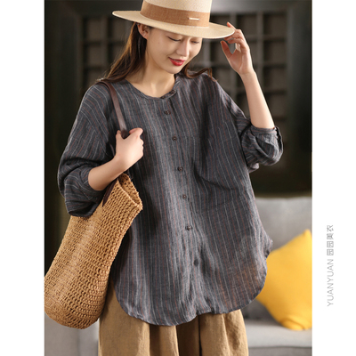 色织亚麻竖条纹衬衫上衣