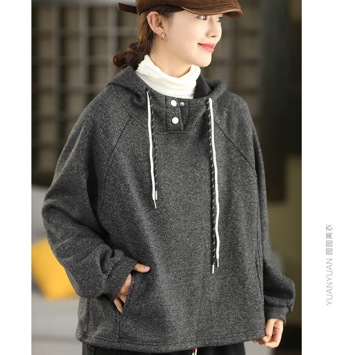 园园美衣冬季时尚毛呢连帽卫衣女内里加绒套头帽衫加厚保暖绒衫
