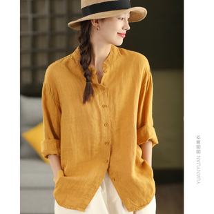 园园美衣复古砂洗100%亚麻衬衫外套女气质立领长袖单排扣上衣开衫