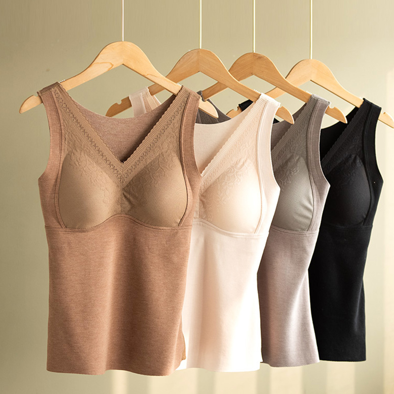 莱赛尔绵羊毛保暖无痕背心女带胸垫内搭打底内衣上衣秋冬加绒美背