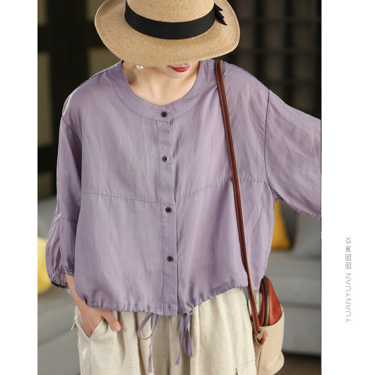 园园美衣复古天丝苎麻衬衫外套春款舒适抽绳摆单排扣开衫外搭上衣