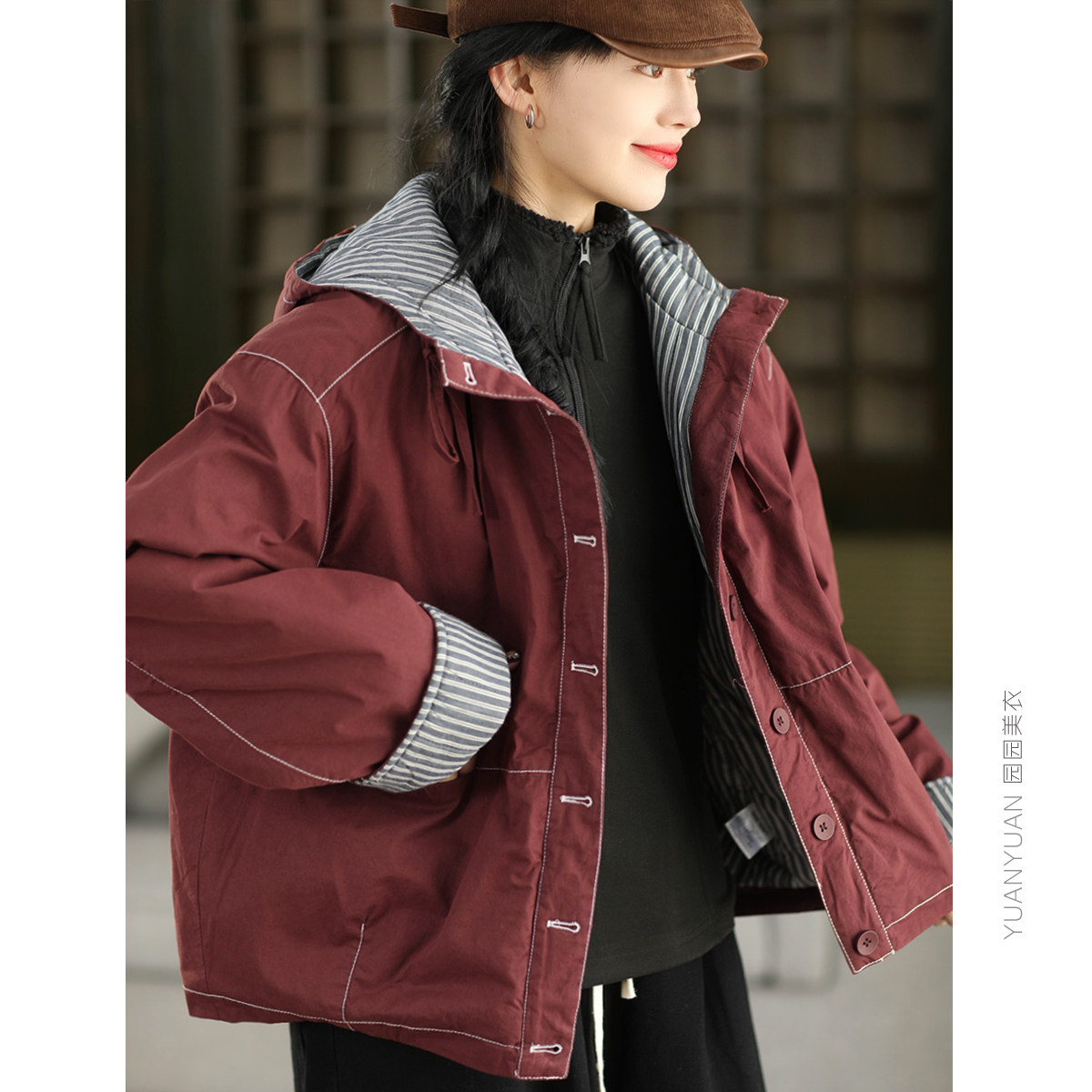 园园美衣冬季复古100%棉夹棉外套拼接条纹加厚保暖夹克棉袄棉服冬