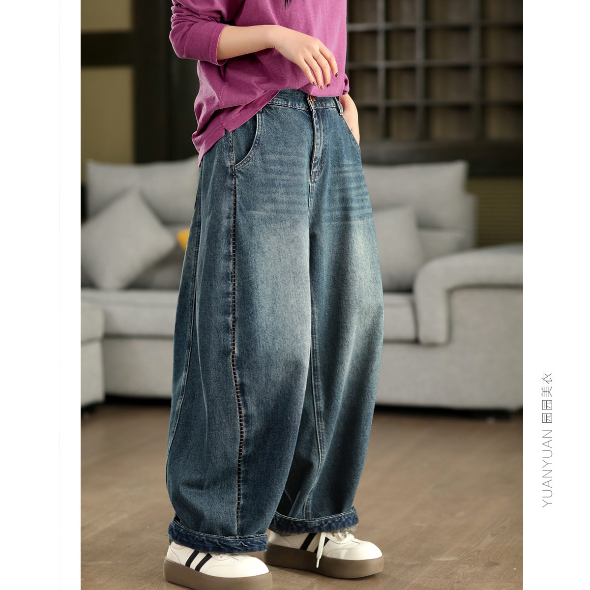 复古炒色水洗牛仔高腰裤女手工钩线拼接休闲裤显瘦紫牧高定系列,女装/女士精品,牛仔裤,淘宝优惠券,粉丝福利购,淘宝优惠卷