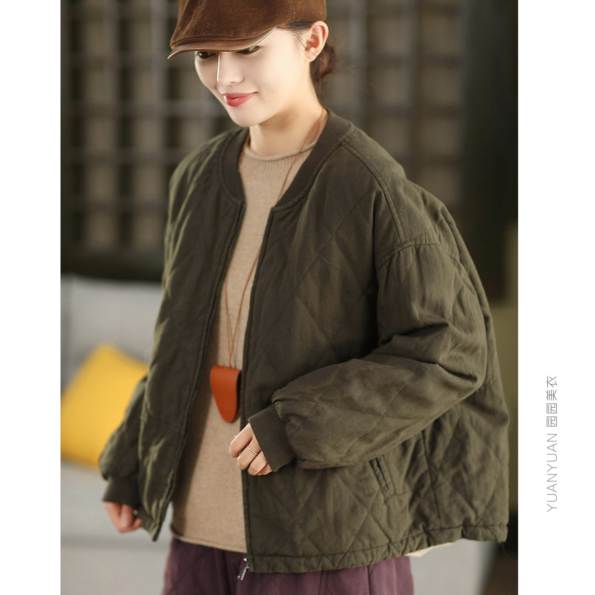 园园美衣复古砂洗100%麻夹棉外套女拼接螺纹菱格加厚棉衣保暖棉袄,女装/女士精品,棉衣/棉服,淘宝优惠券,粉丝福利购,淘宝优惠卷