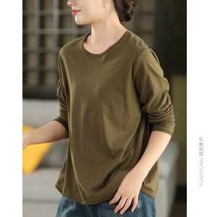 长袖 T恤女纯色套头衫 内搭全棉上衣 复古100%棉长袖 园园美衣秋季