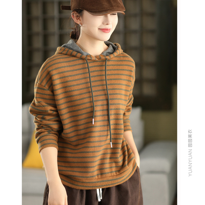 条纹加绒卫衣连帽套头衫上衣