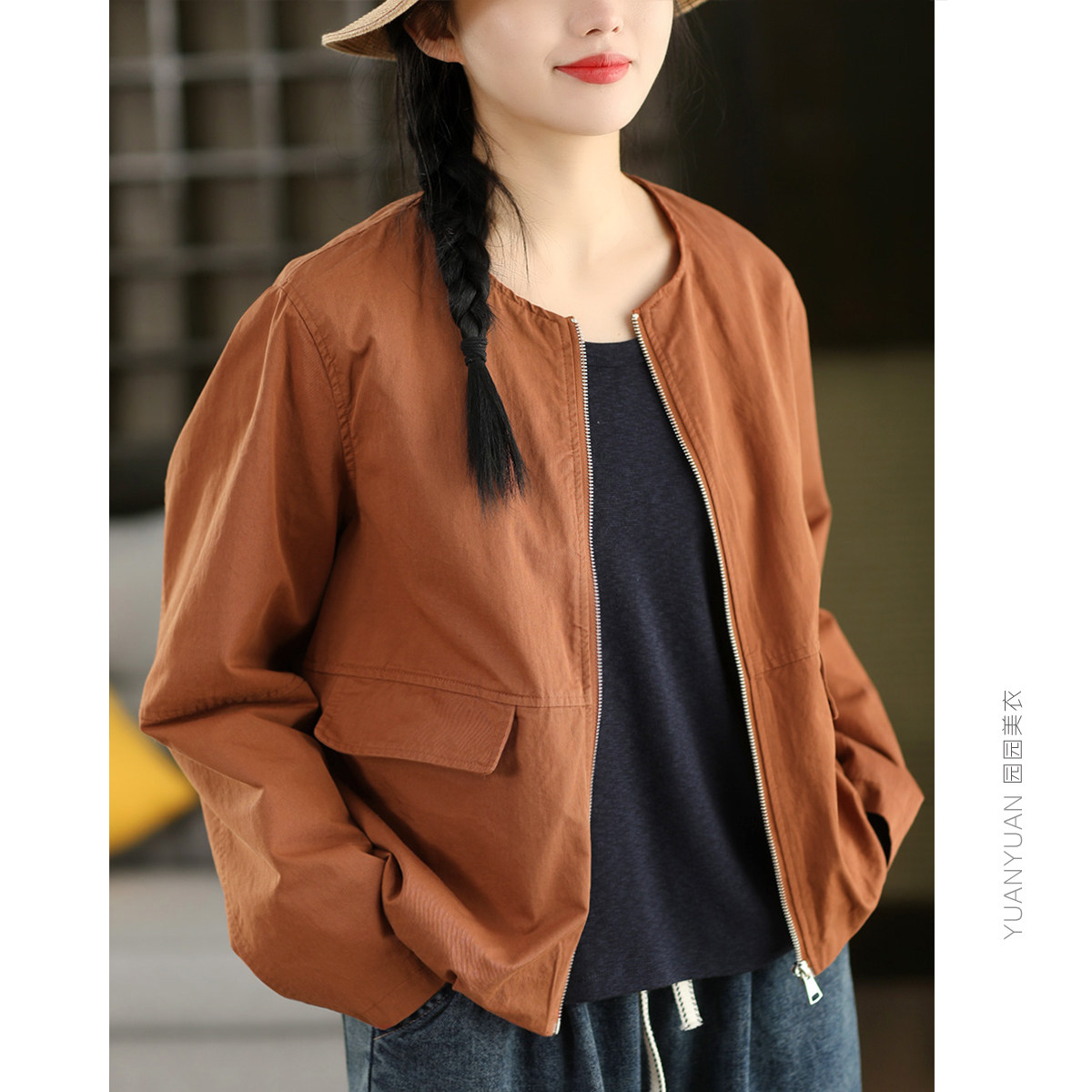 园园美衣复古100%棉拉链外套女休闲口袋全棉夹克春款开衫外搭上衣