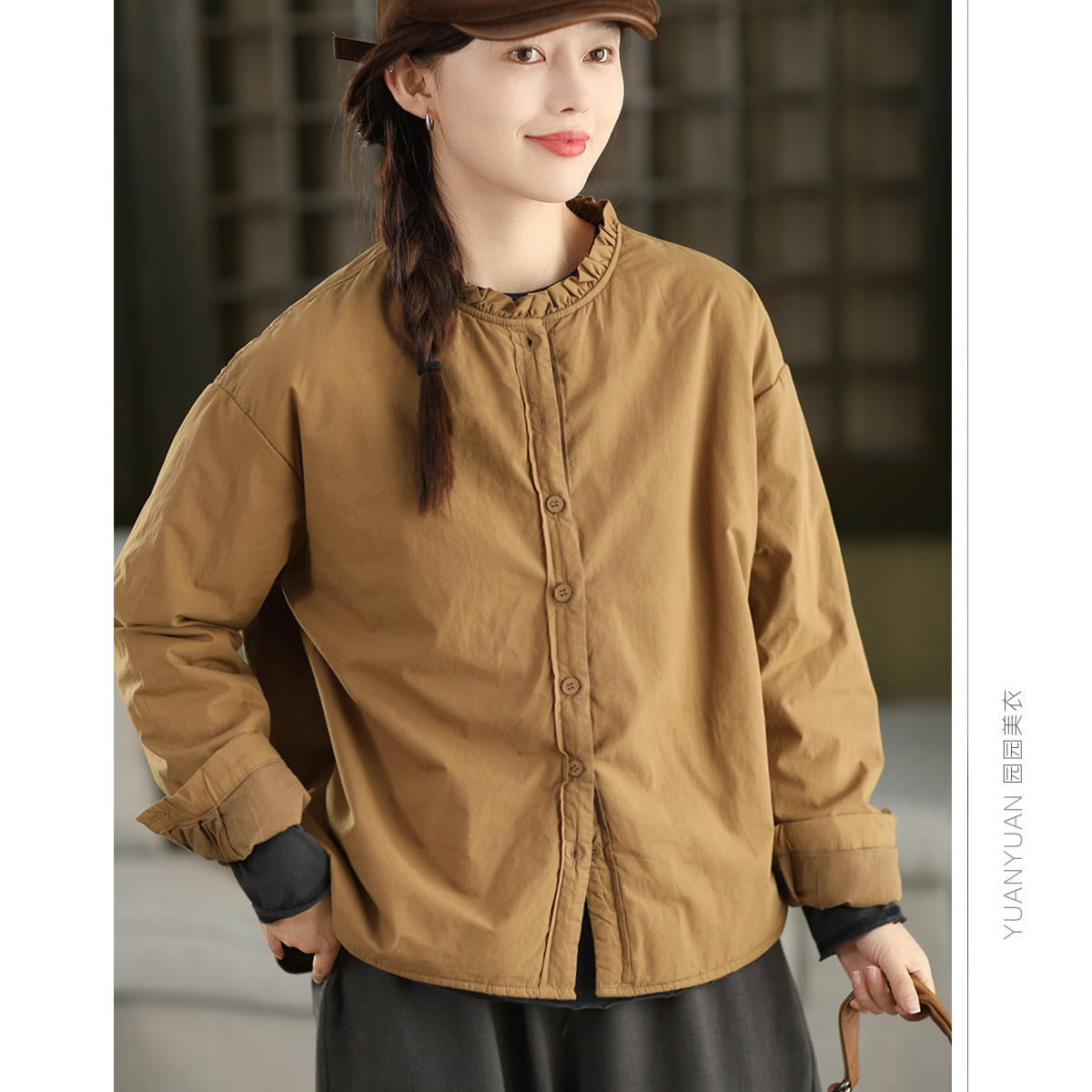 全棉夹棉衬衫外套木耳领衬衣