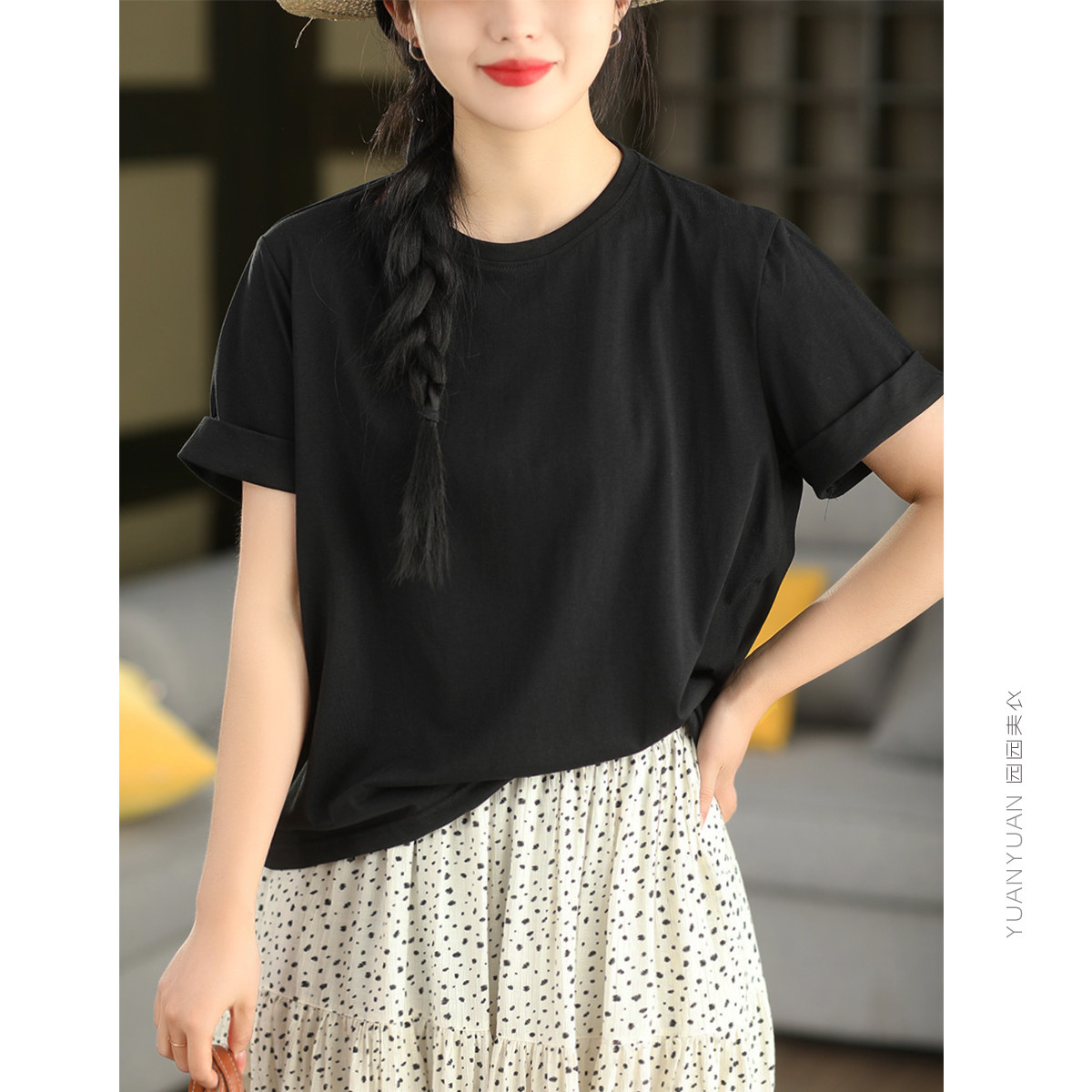 光泽感正肩棉质T文艺圆领翻边短袖T恤夏季百搭纯色百搭套头衫上衣